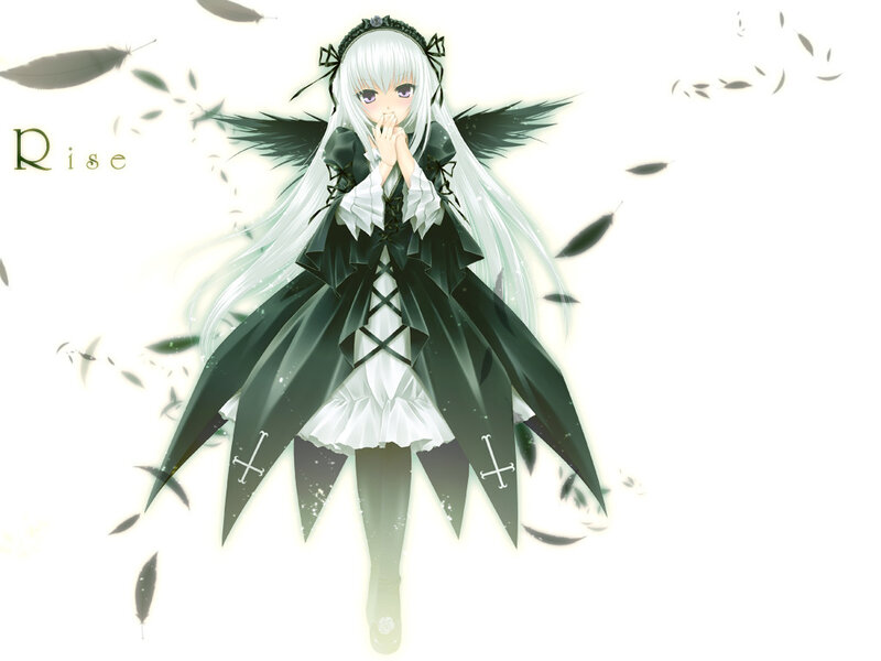 anime girl with white hair and black wings