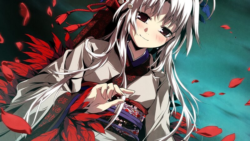 anime girl with white hair and red feathers