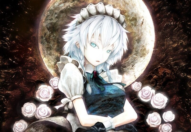 anime girl with white hair and roses