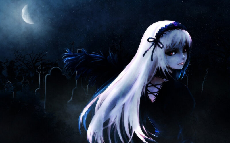 Anime Girl with White Hair — Black, Dark