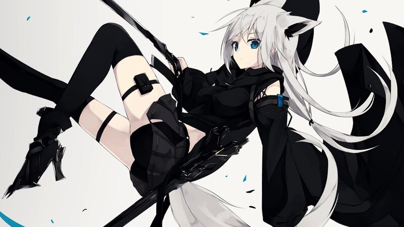 Anime Girl with White Hair — Black, Dramatic, Digital Art, Cat Ears
