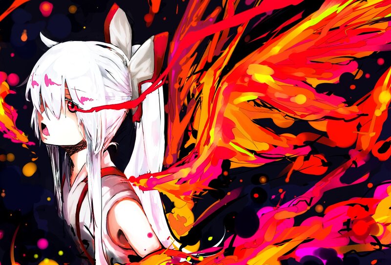 Anime Girl with White Hair — Black, Dramatic, Digital Art, Flames