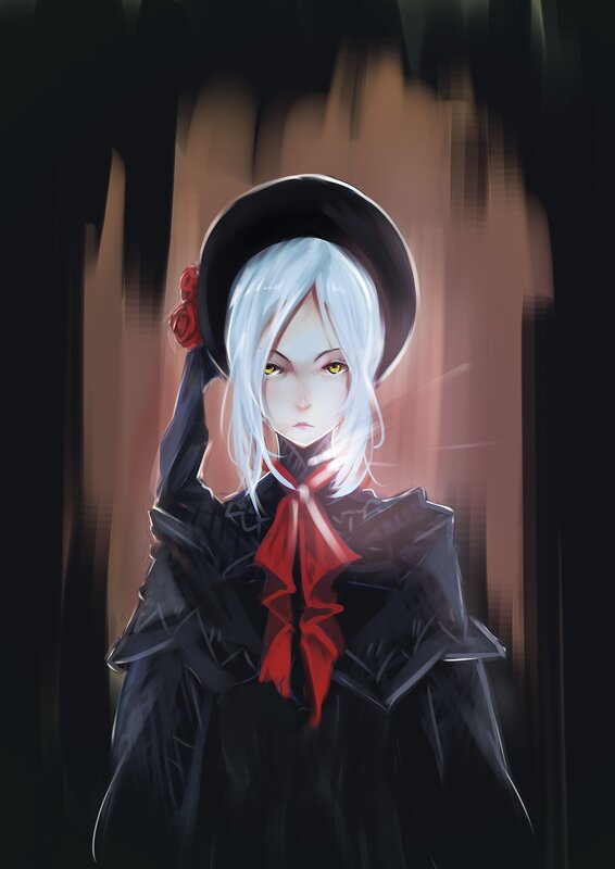 Anime Girl with White Hair — Black, Dramatic, Digital Art, Hat