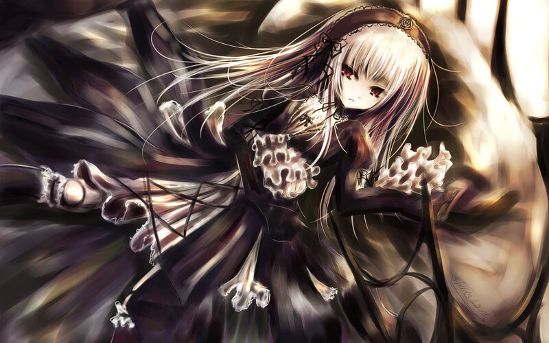 Anime Girl with White Hair — Black, Dramatic, Digital Art, Skull Hands