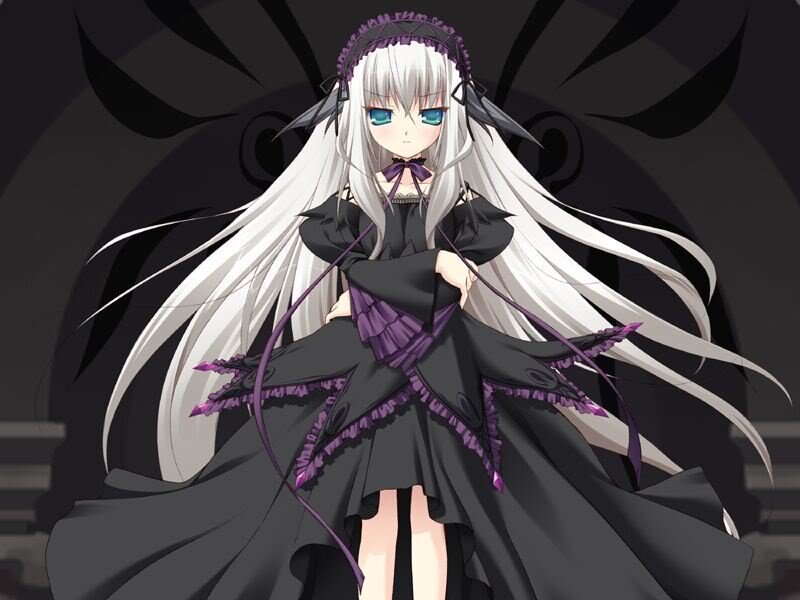 Anime Girl with White Hair — Black, Dramatic, Long Hair