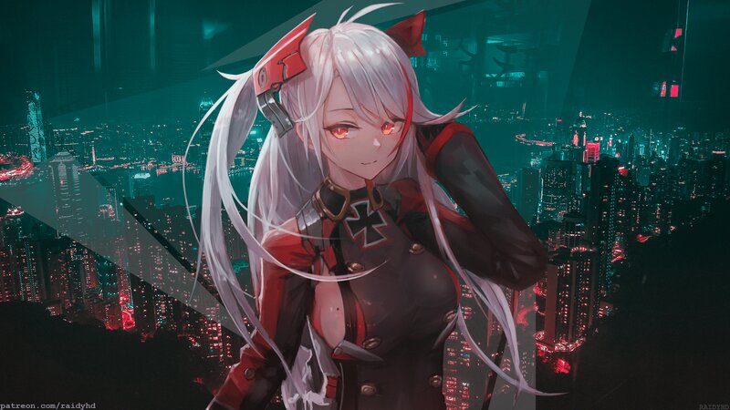 Anime Girl with White Hair — Black, Dramatic, Night, Digital Art, Cityscape, Cat Ears