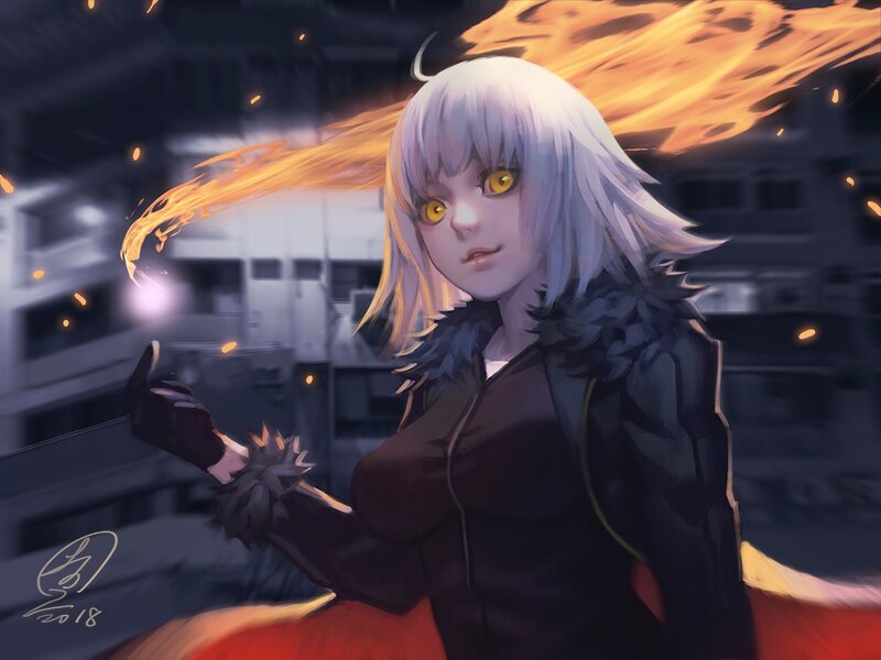 Anime Girl with White Hair — Black, Dramatic, Night, Digital Art, Fire