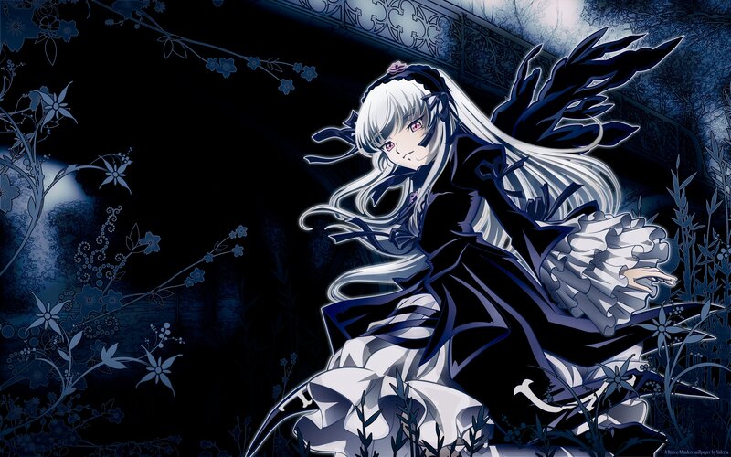 Anime Girl with White Hair — Black, Dramatic, Night, Flowers