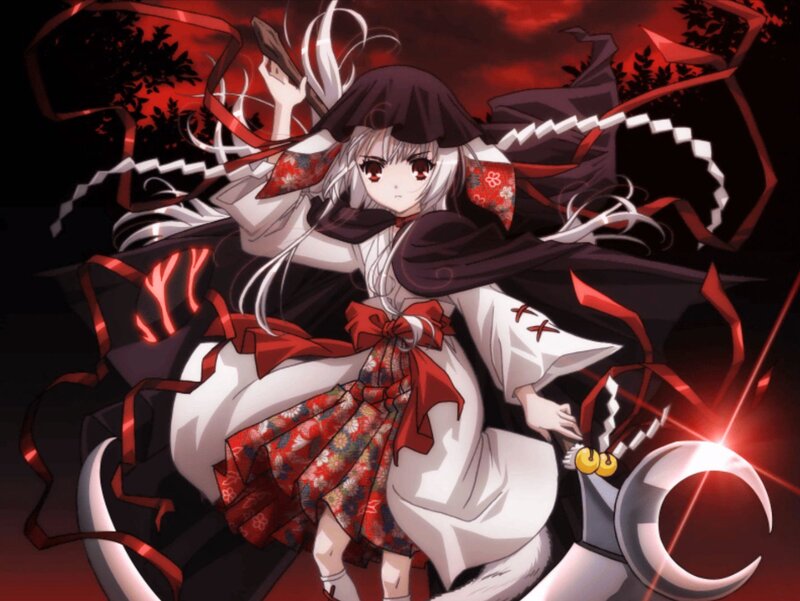 Anime Girl with White Hair — Black, Dramatic, Night, Red Ribbons
