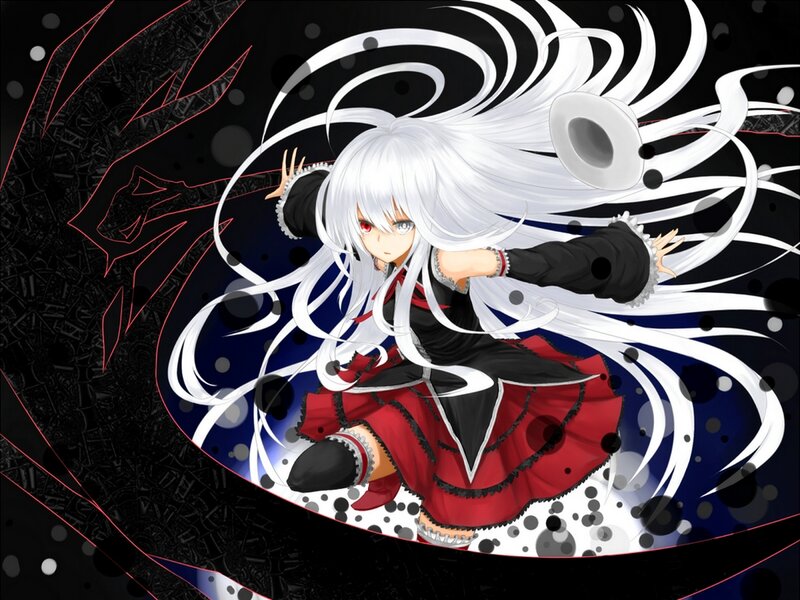 Anime Girl with White Hair — Black, Dramatic, Red Dress