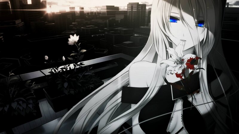 Anime Girl with White Hair — Black, Dramatic, Sunset, Cityscape