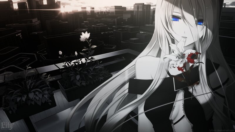 Anime Girl with White Hair — Black, Dramatic, Sunset