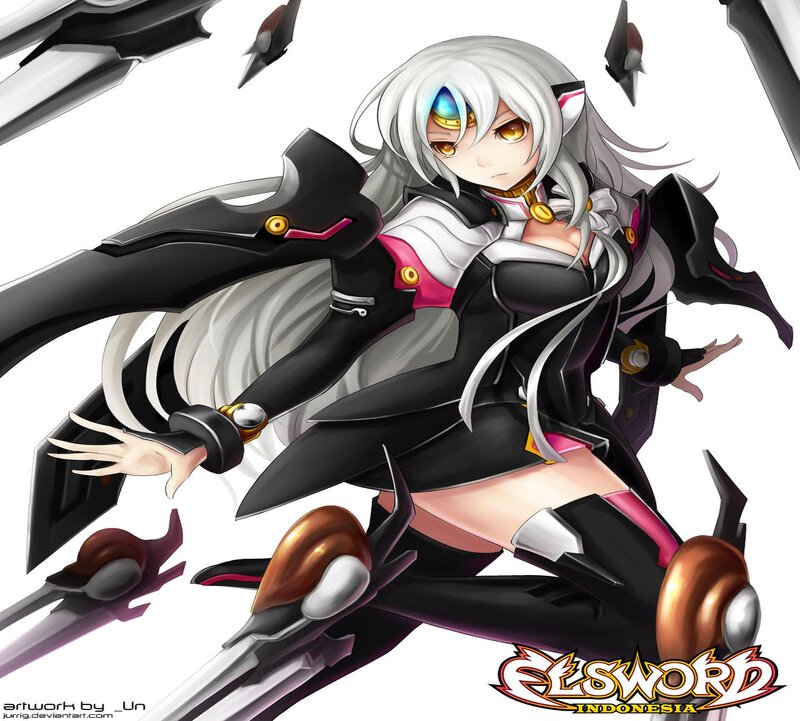Anime Girl with White Hair — Black, Dynamic, Digital Art, Swords