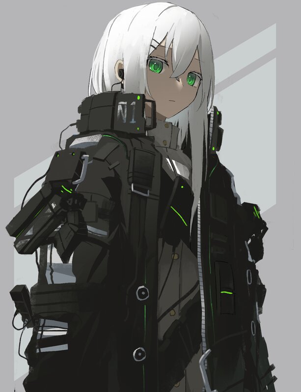 Anime Girl with White Hair — Black, Neutral, Digital Art