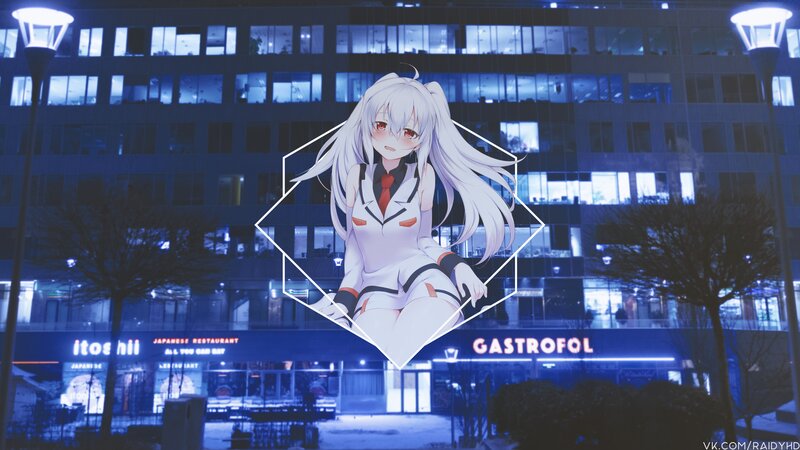 Anime Girl with White Hair — Blue, Calm, Night, Digital Art, Building