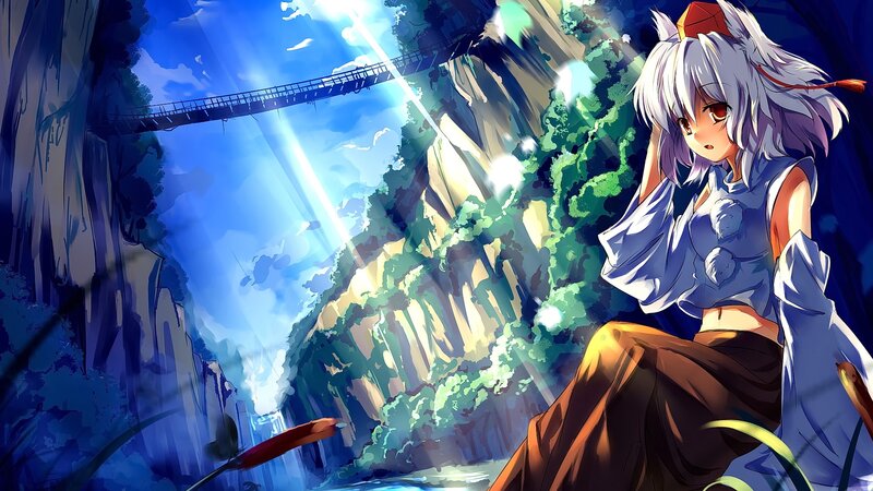 Anime Girl with White Hair — Blue, Dramatic, Afternoon, Bridge