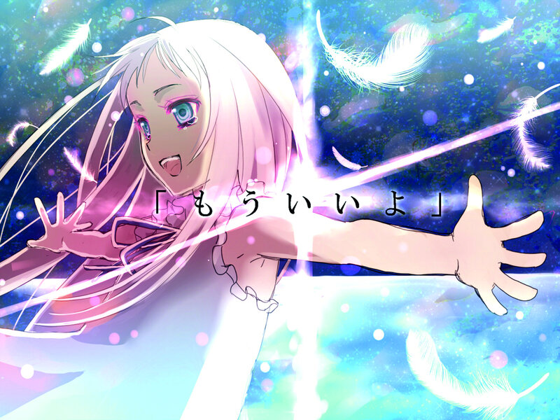Anime Girl with White Hair — Blue, Dramatic, Digital Art, Feathers