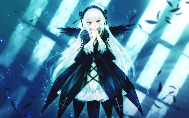 Anime Girl with White Hair — Blue, Dramatic, Digital Art, Wings