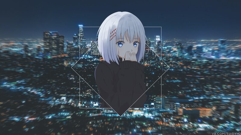 Anime Girl with White Hair — Blue, Dramatic, Night, Cityscape