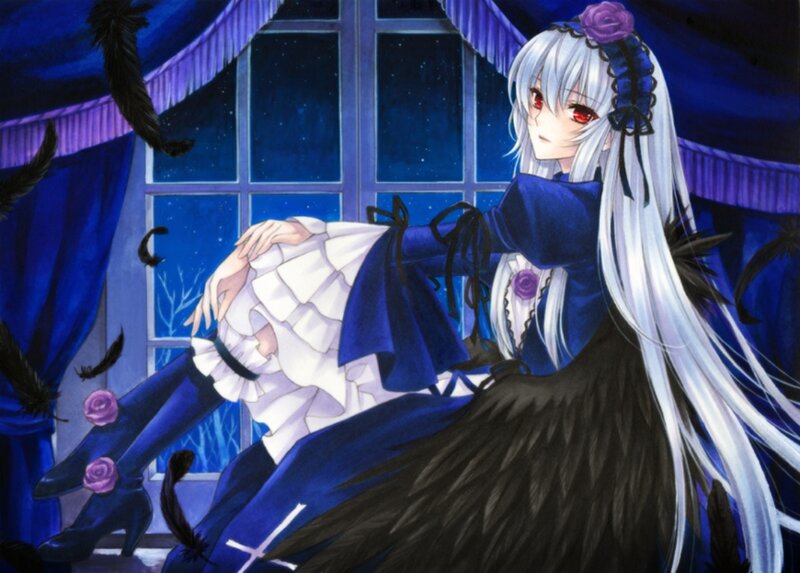 Anime Girl with White Hair — Blue, Dramatic, Night, Digital Art, Feathers