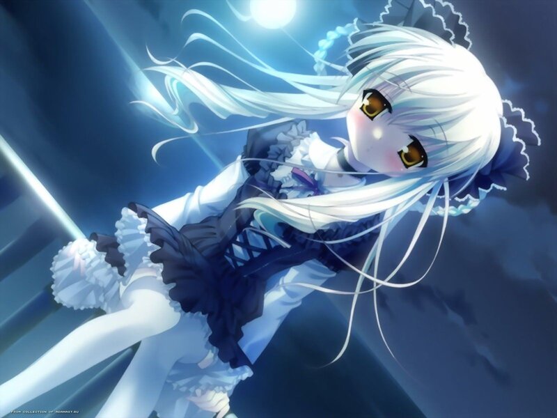 Anime Girl with White Hair — Blue, Dramatic, Night, Digital Art, Long Hair, Dress