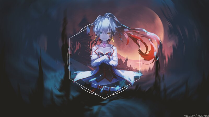Anime Girl with White Hair — Blue, Dramatic, Night, Digital Art, Red Tail