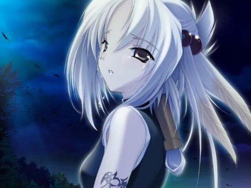 Anime Girl with White Hair — Blue, Dramatic, Night, Tattoo