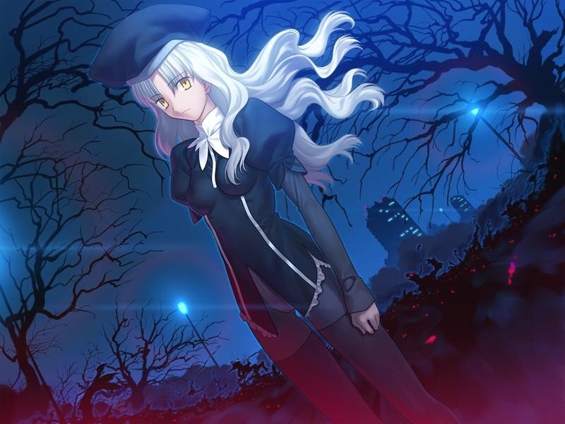Anime Girl with White Hair — Blue, Dramatic, Night, Trees