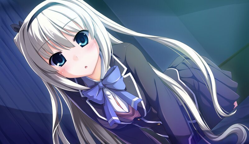 Anime Girl with White Hair — Blue, Dramatic, School Uniform, Blue Bow
