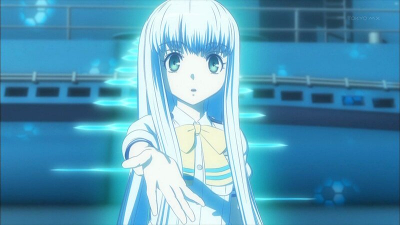 Anime Girl with White Hair — Blue, Dramatic, School Uniform, Blue Lights