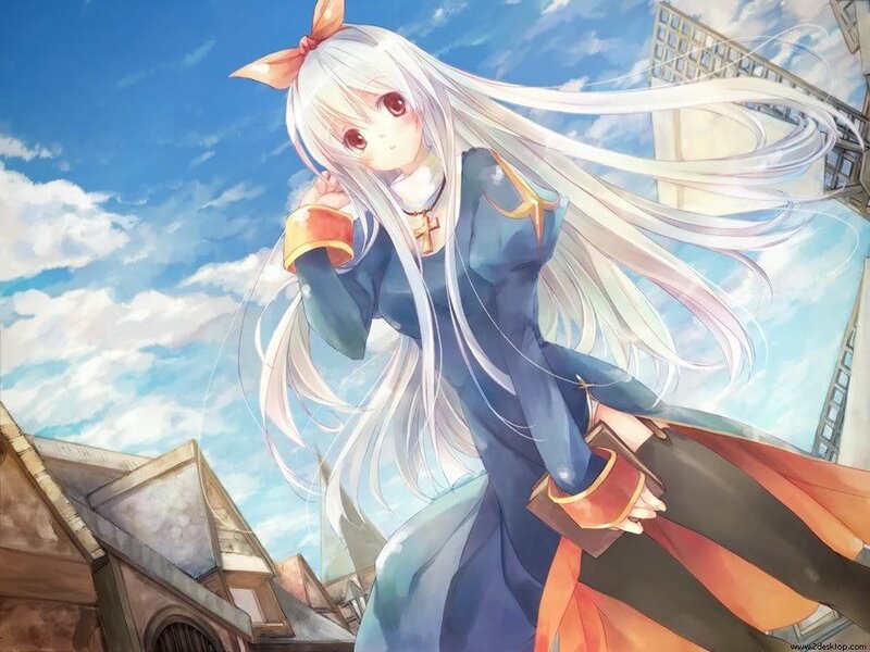 Anime Girl with White Hair — Blue, Serene, Afternoon, Blue Sky