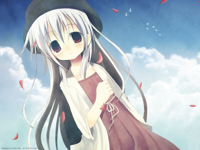 Anime Girl with White Hair — Blue, Serene, Afternoon, Hat, Clouds