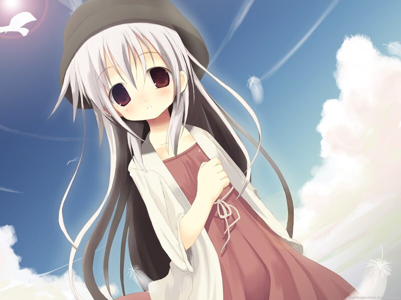 Anime Girl with White Hair — Blue, Serene, Afternoon, Hat
