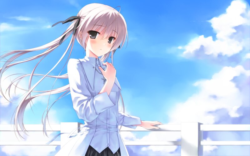 Anime Girl with White Hair — Blue, Serene, Afternoon, Sky, Clouds