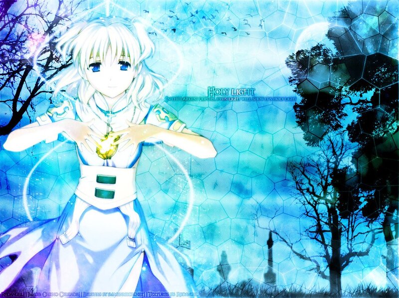 Anime Girl with White Hair — Blue, Serene, Night, Tree