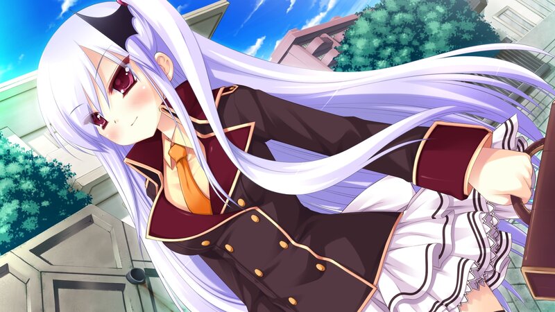 Anime Girl with White Hair — Calm, Afternoon, School Uniform, Building