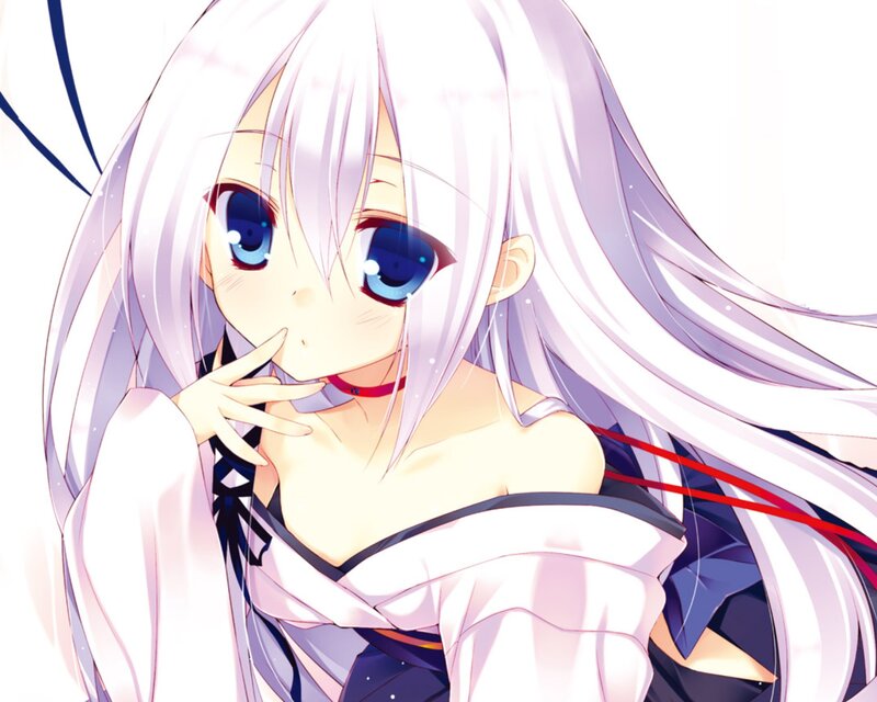 Anime Girl with White Hair — Calm, Blue Eyes, Red Choker