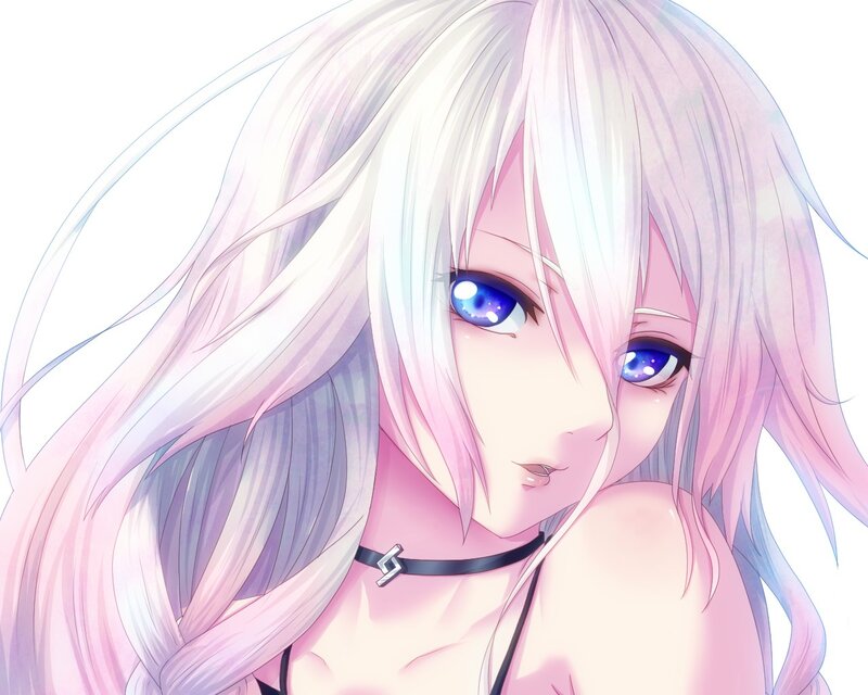 Anime Girl with White Hair — Calm, Choker, Blue Eyes