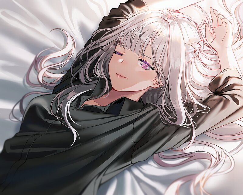 Anime Girl with White Hair — Calm, Digital Art, Bed