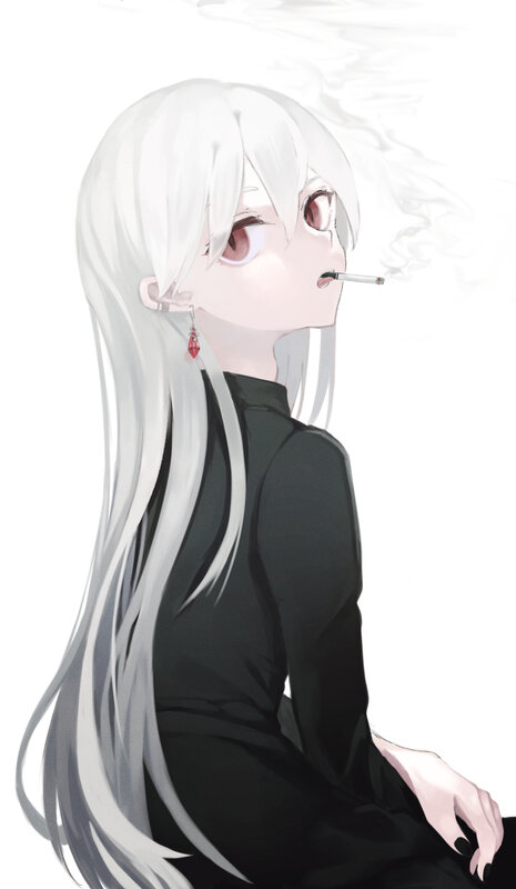 Anime Girl with White Hair — Calm, Digital Art, Cigarette