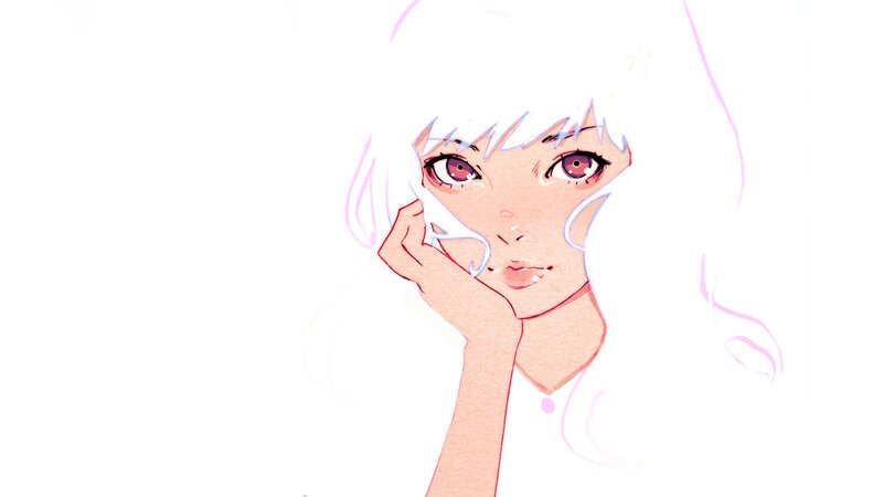 Anime Girl with White Hair — Calm, Digital Art, Hand