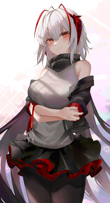 Anime Girl with White Hair — Calm, Digital Art, Red Ribbon