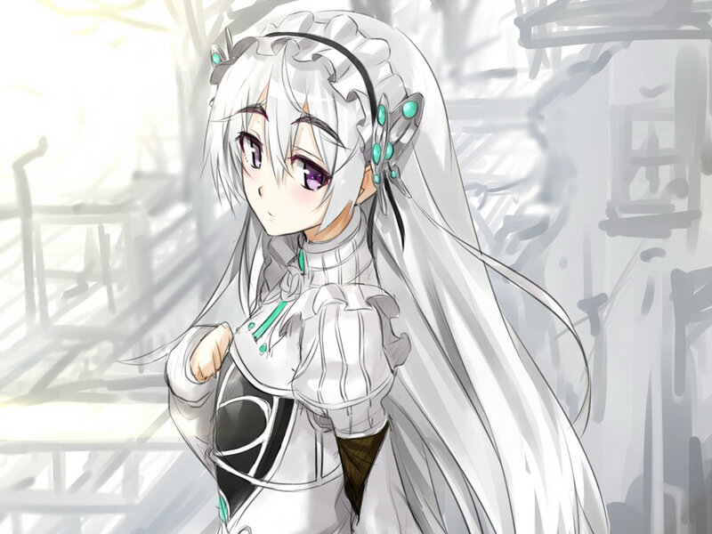 Anime Girl with White Hair — Calm, Long Hair, Purple Eyes