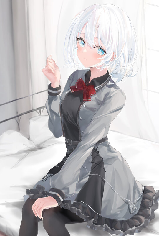 Anime Girl with White Hair — Calm, Morning, Digital Art, Bed