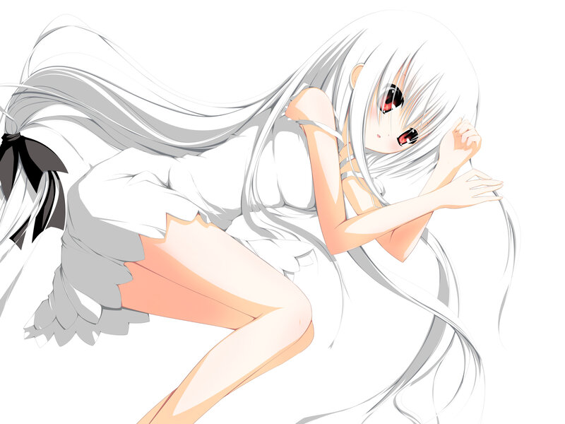 Anime Girl with White Hair — Calm, White Dress, Long Hair, Red Eyes