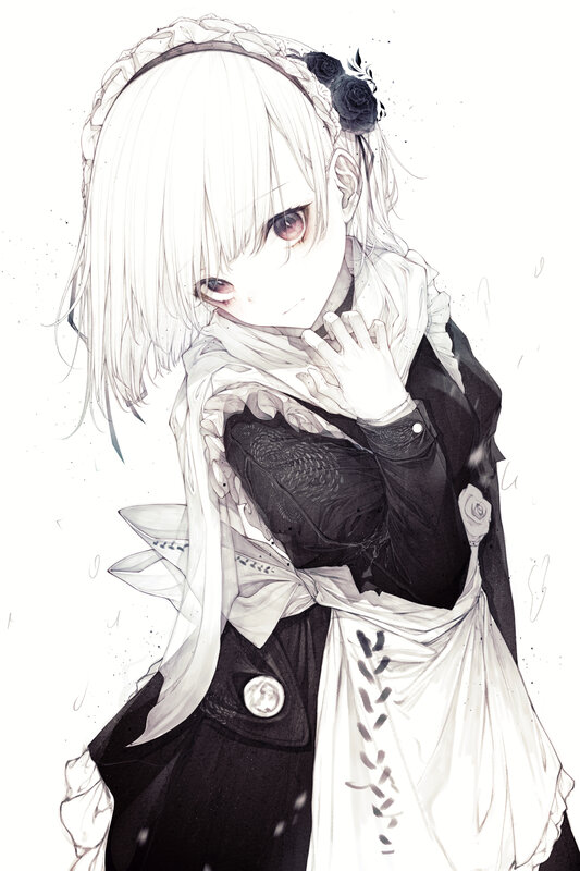 Anime Girl with White Hair — Dramatic, Digital Art, Black Roses