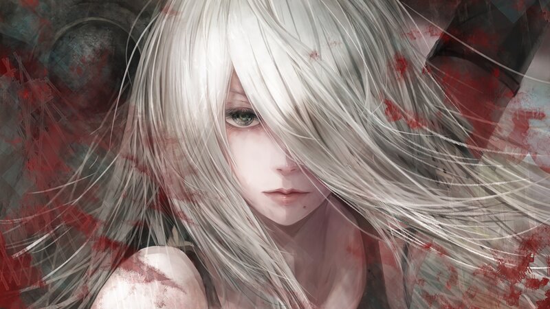 Anime Girl with White Hair — Dramatic, Digital Art, Blood