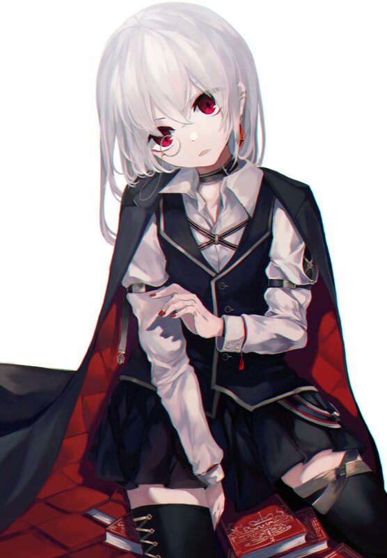 Anime Girl with White Hair — Dramatic, Digital Art, Red Eyes, Books