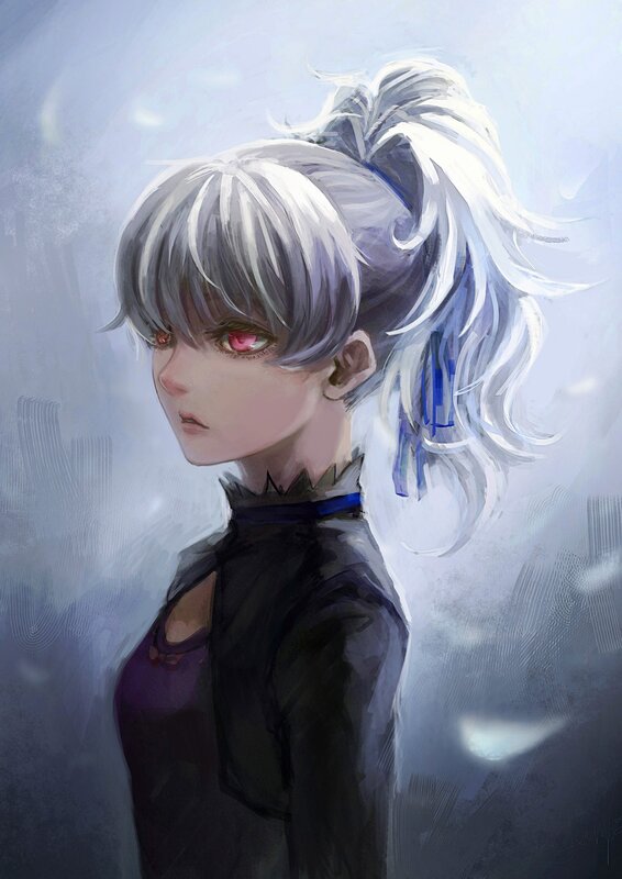 Anime Girl with White Hair — Dramatic, Digital Art, Red Eyes, Ponytail