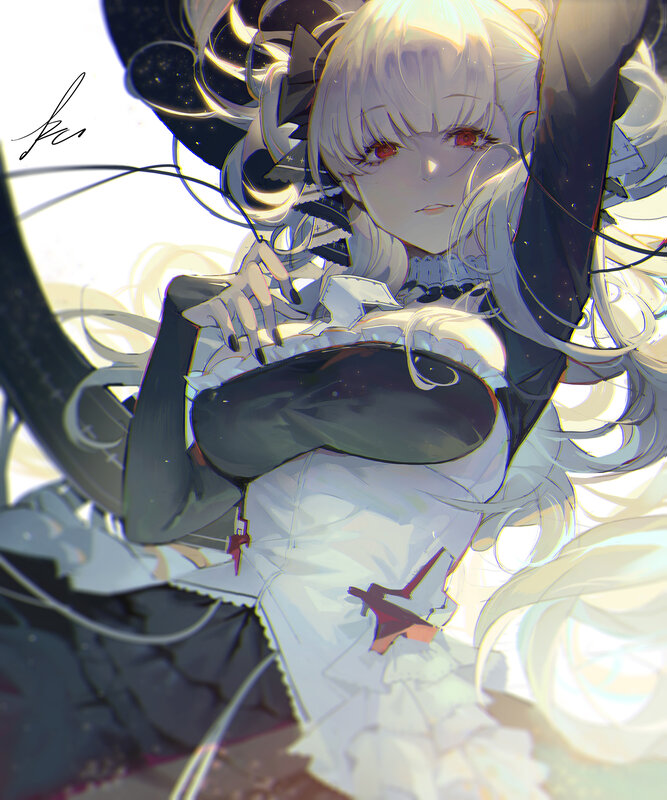 Anime Girl with White Hair — Dramatic, Digital Art, Red Eyes, White Dress